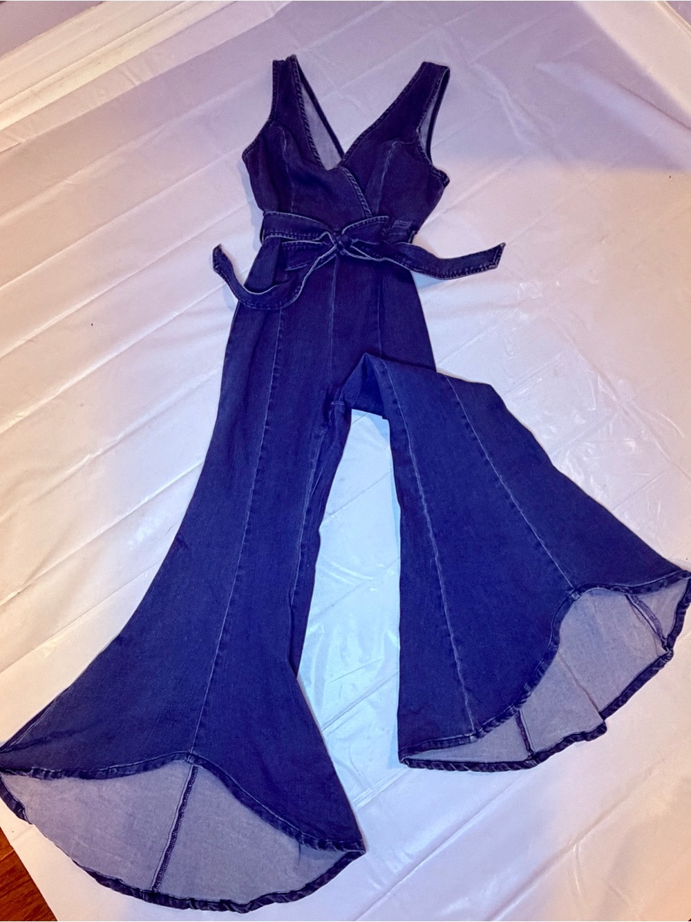Vici Blue Denim Sleeveless Wrap Jumpsuit with Tie Waist - Picture 2 of 9
